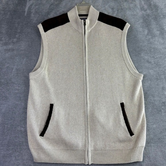Chaps Mens XL Beige Knit Vest Full Zip Mock Neck Sleeveless Sweater Outdoor Dad - Picture 1 of 8